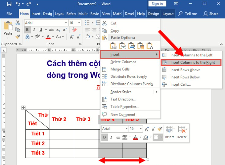 chèn cột trong word 2007