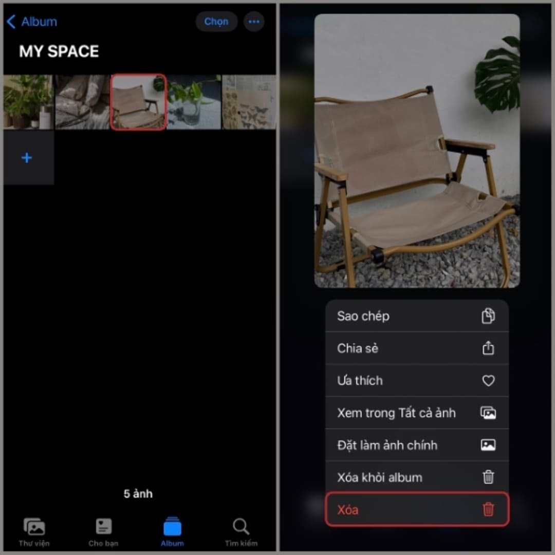 Nhấn giữ ảnh muốn xóa