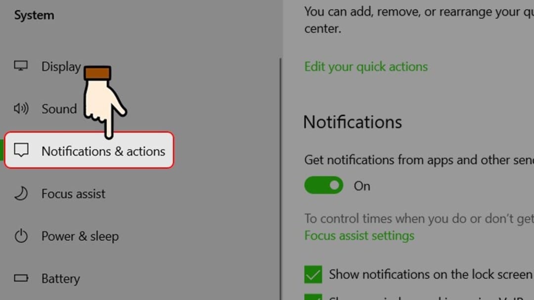 Chọn tiếp Notifications & Actions