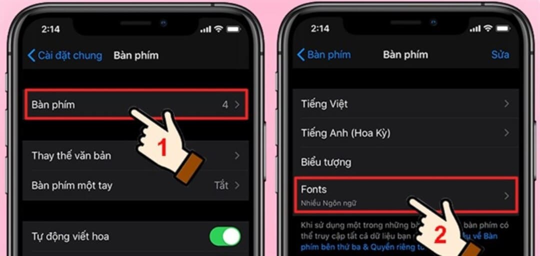 Chọn bàn phím và chọn mục font