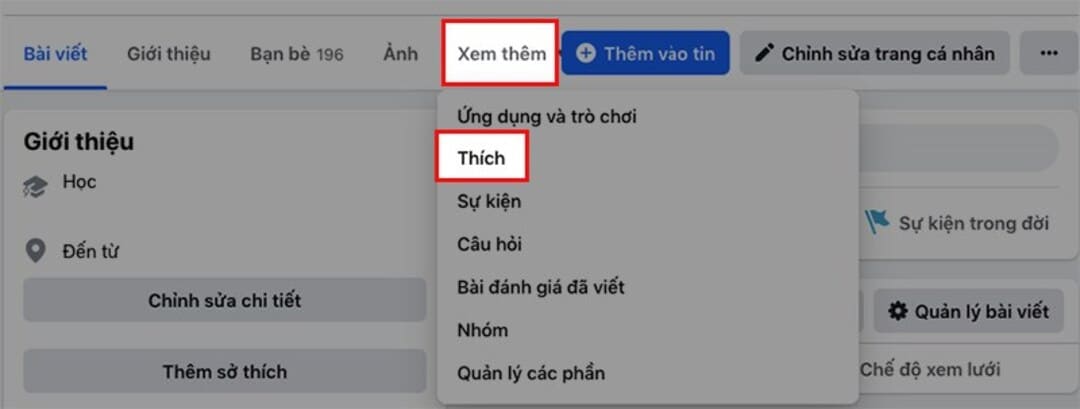 Chọn xem thêm kéo xuống chọn đã thích