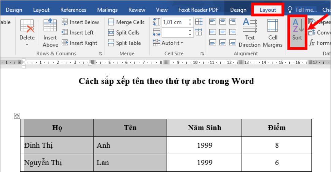 Cách sắp xếp tên theo thứ tự ABC trong Word