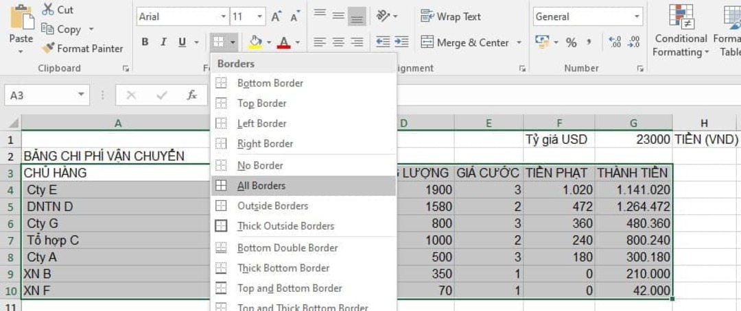Cách tạo bảng trong Excel bằng Border