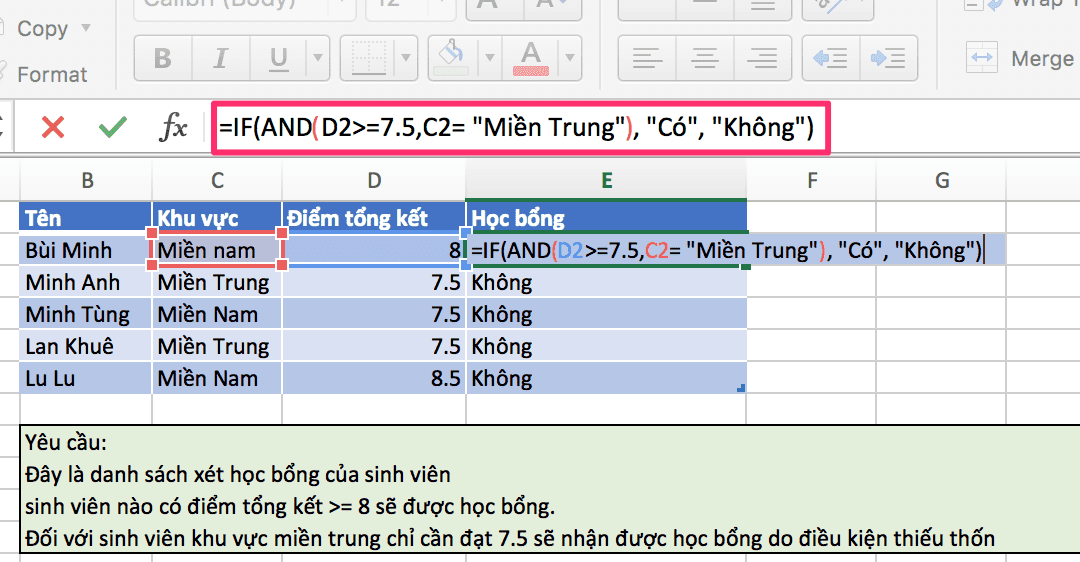 cách dùng hàm if kết hợp hàm and trong excel