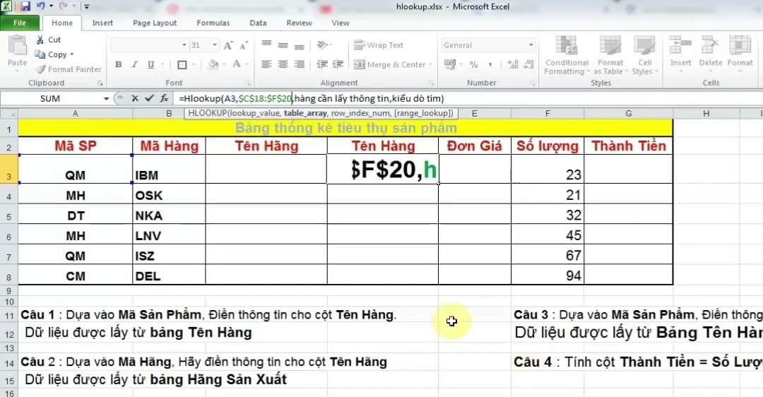 Hướng dẫn sử dụng hàm hlookup trong excel