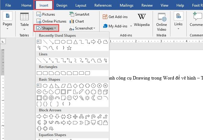 cách lấy thanh công cụ Drawing trong Word để vẽ hình