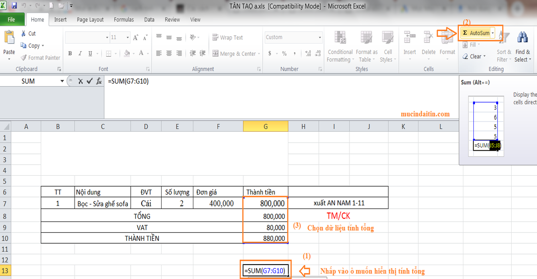 Cách dùng chức năng AutoSum trong Excel