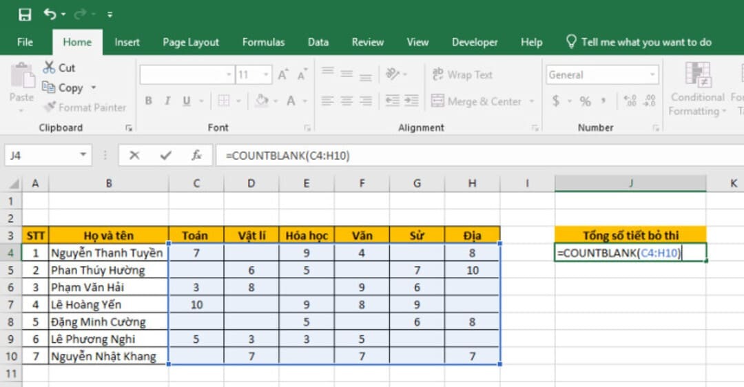 Cách tính và tô màu ô trống trong Excel
