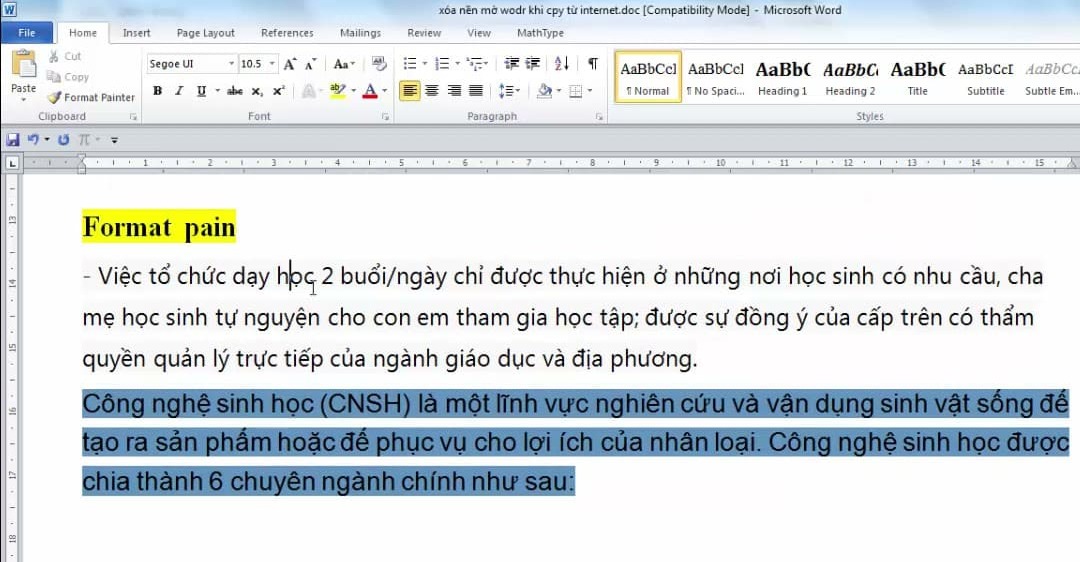 Hướng dẫn cách xóa màu nền chữ trong Word với đoạn văn bản