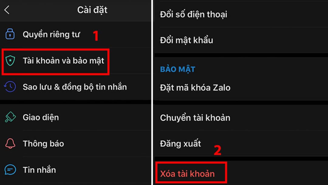 Vào bảo mật chọn xóa tài khoản