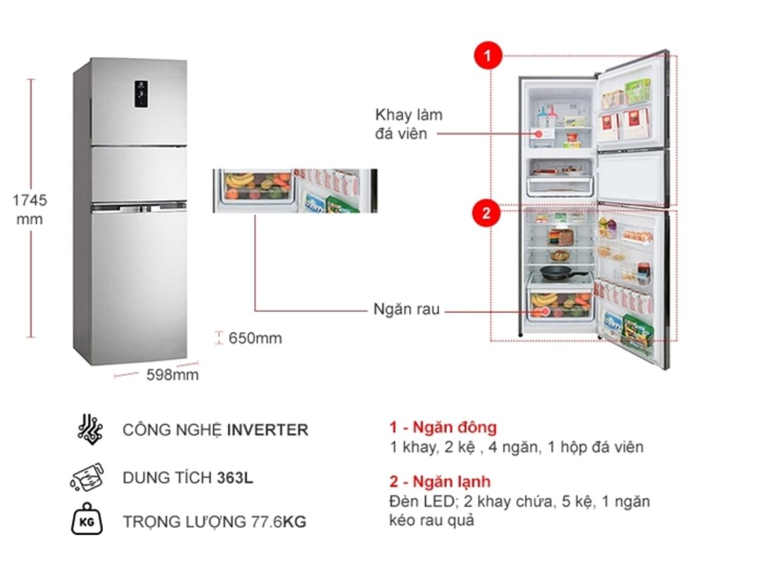 Tủ lạnh ba cánh Electrolux Inverter 340 lít EME3700H-A