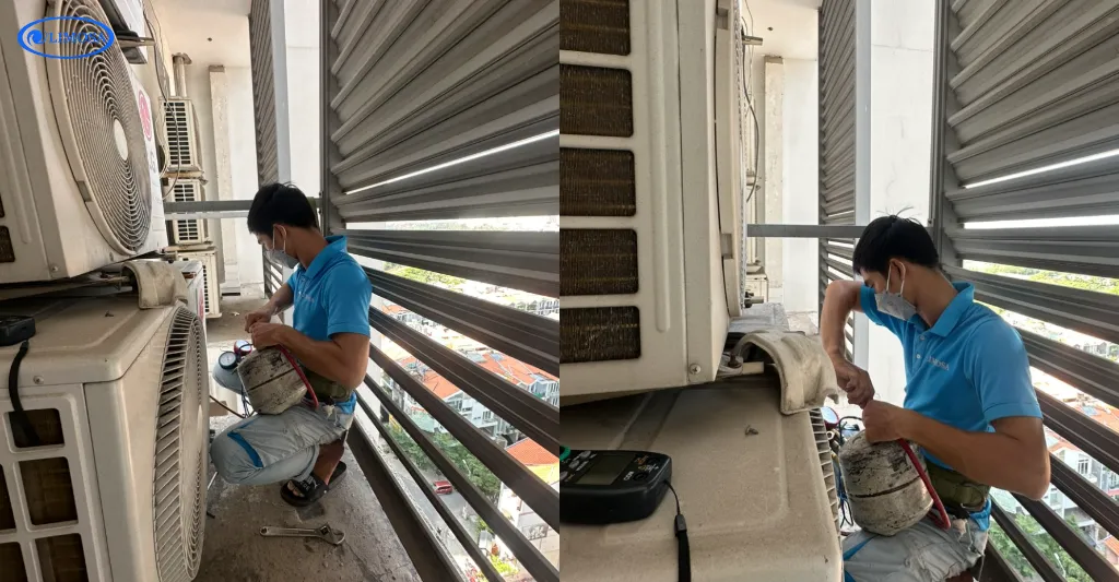 Thợ tiến hành bơm ga máy lạnh chung cư Mỹ Phúc