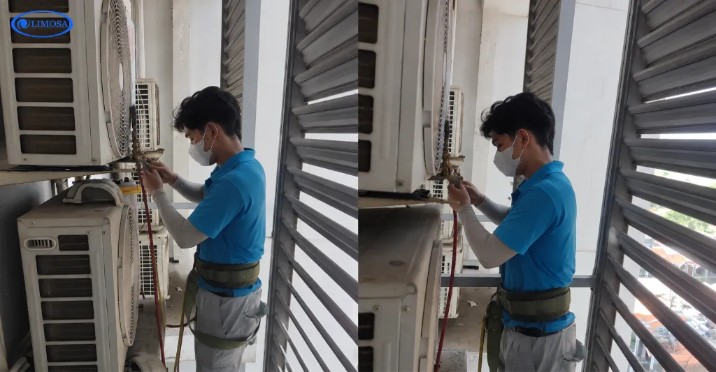 Thợ tiến hành khóa van sau khi bơm ga máy lạnh chung cư Mỹ Phúc