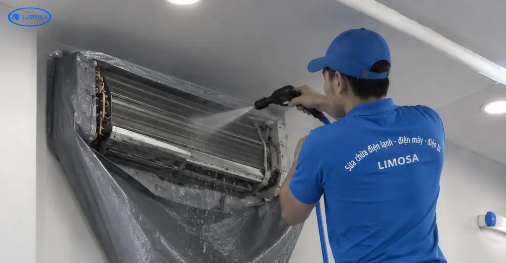 Bước 3 xịt rửa áp lực cao máy lạnh văn phòng chung cư An Phú