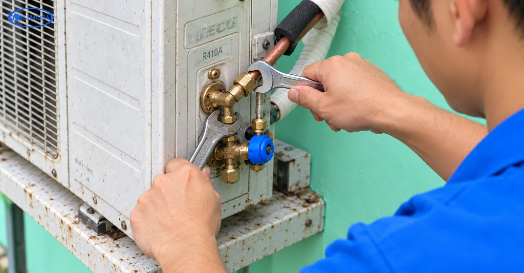 Thợ Limosa rà soát và xử lý kín các điểm nối tán ren ống đồng trước khi nạp gas